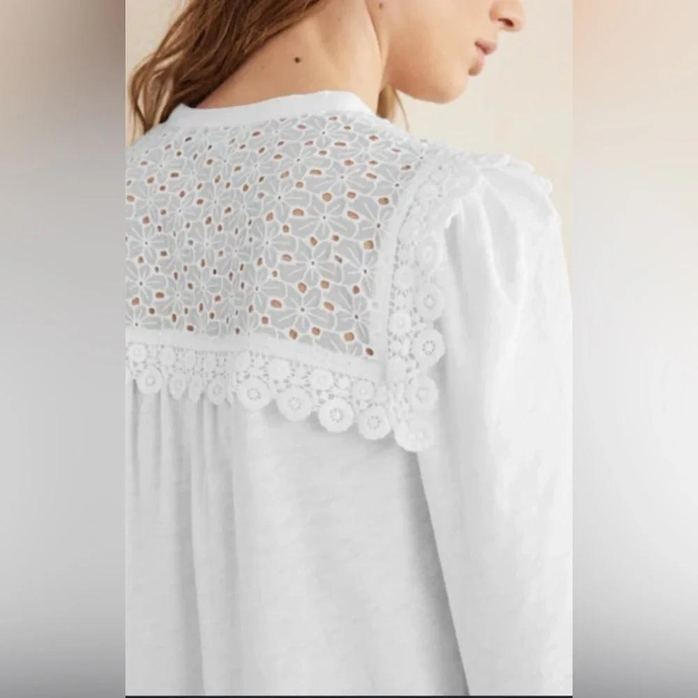Boden White Eyelet Lace Notch Neck Crochet Trim Top, Size 12 - Picture 3 of 12